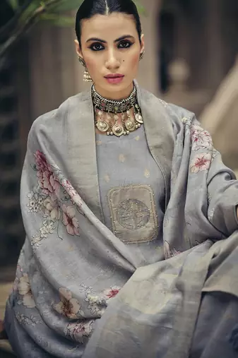 Grey color silk cotton fabric designer partywear ethnic ceremonial suit