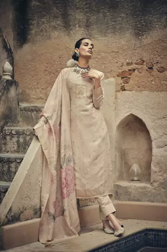 Cream color silk cotton fabric designer partywear ethnic ceremonial suit