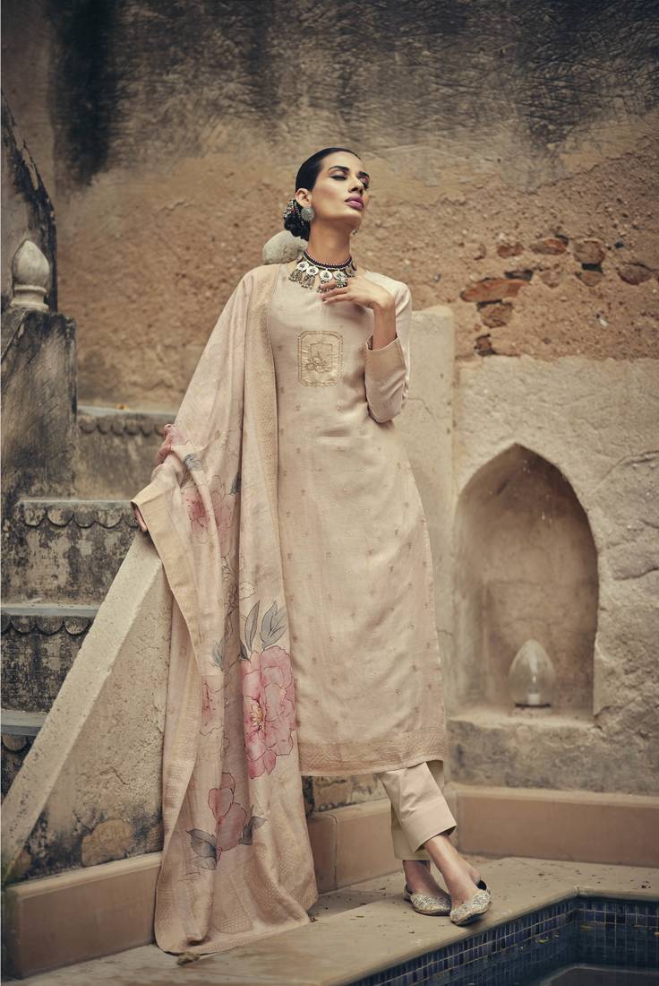 Cream color silk cotton fabric designer partywear ethnic ceremonial suit