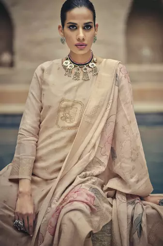 Cream color silk cotton fabric designer partywear ethnic ceremonial suit
