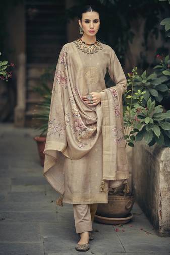 Beige color silk cotton fabric designer partywear ethnic ceremonial suit