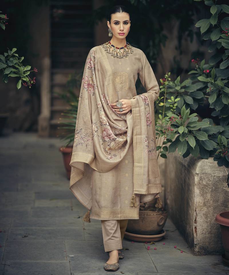 Beige color silk cotton fabric designer partywear ethnic ceremonial suit