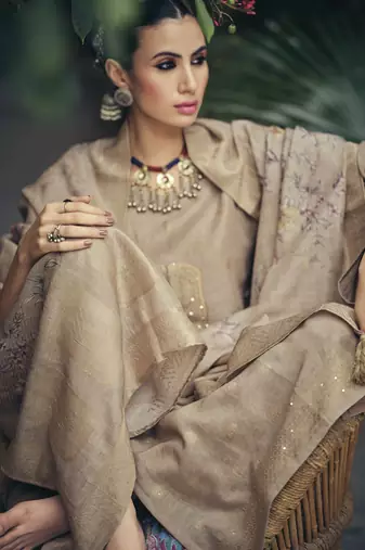 Beige color silk cotton fabric designer partywear ethnic ceremonial suit