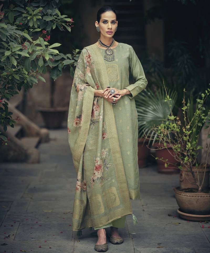 Green color silk cotton fabric designer partywear ethnic ceremonial suit