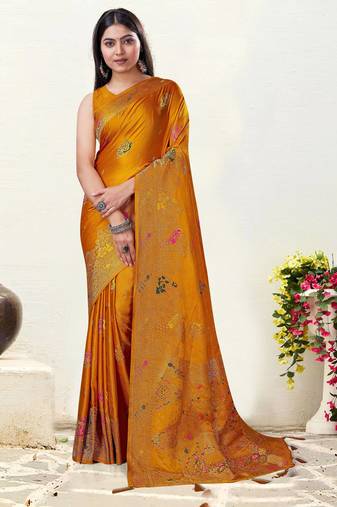 Mustard Satin silk blend Saree with Gold Zari Meena Peacock Work 