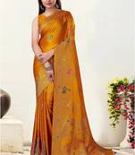 Mustard Satin silk blend Saree with Gold Zari Meena Peacock Work 