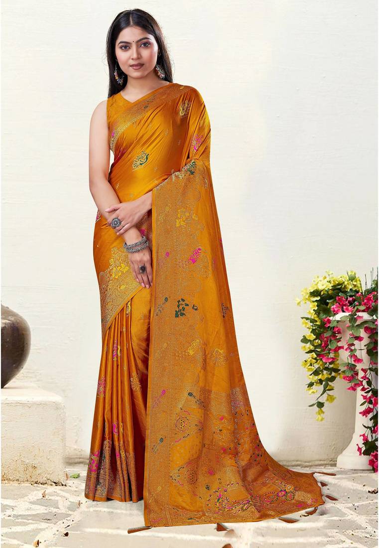 Mustard Satin silk blend Saree with Gold Zari Meena Peacock Work 