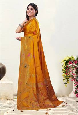 Mustard Satin silk blend Saree with Gold Zari Meena Peacock Work  2