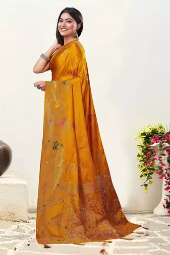 Mustard Satin silk blend Saree with Gold Zari Meena Peacock Work 