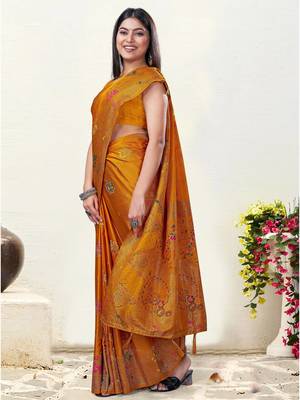 Mustard Satin silk blend Saree with Gold Zari Meena Peacock Work  4