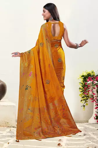 Mustard Satin silk blend Saree with Gold Zari Meena Peacock Work 