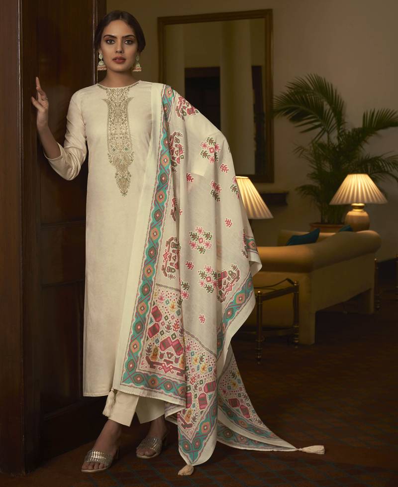 Cream color cambric cotton fabric beautiful ceremonial salwar kameez for graceful looks