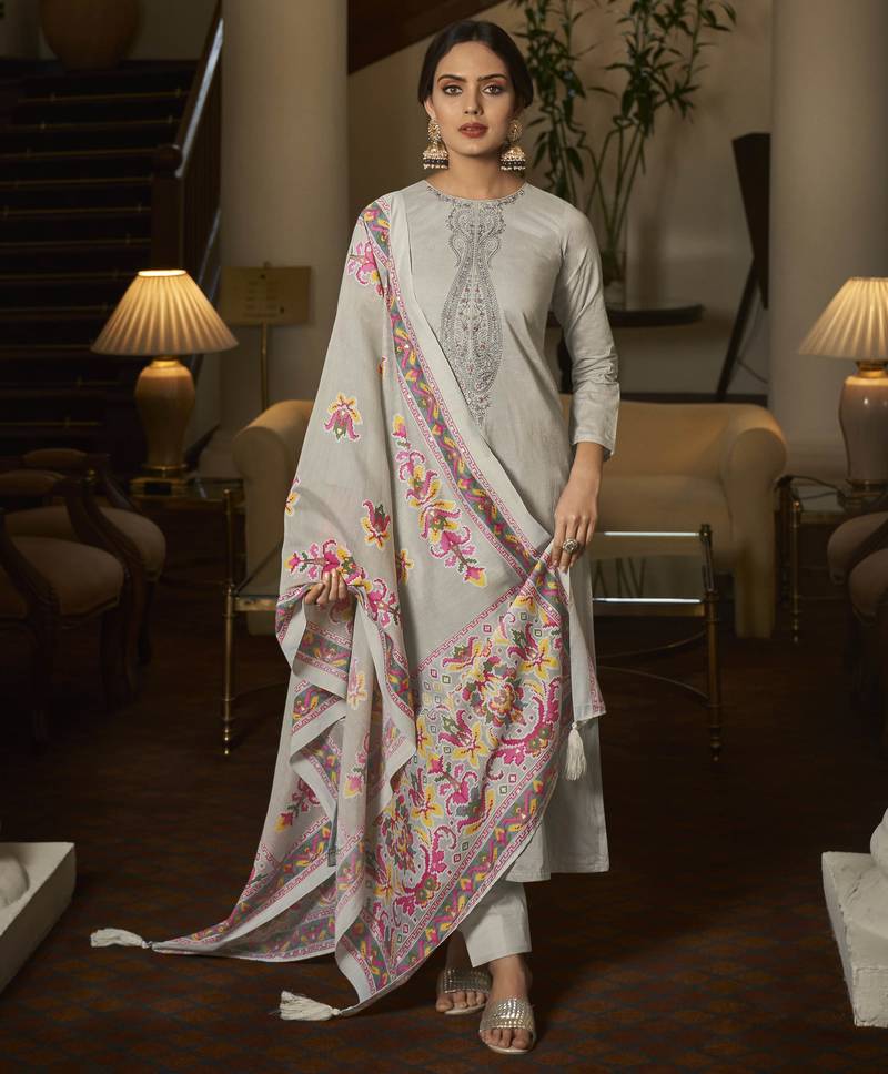 Grey color cambric cotton fabric beautiful ceremonial salwar kameez for graceful looks