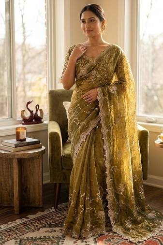 mehandi green sequin embroidery in mono banglori chiffon saree