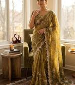 mehandi green sequin embroidery in mono banglori chiffon saree