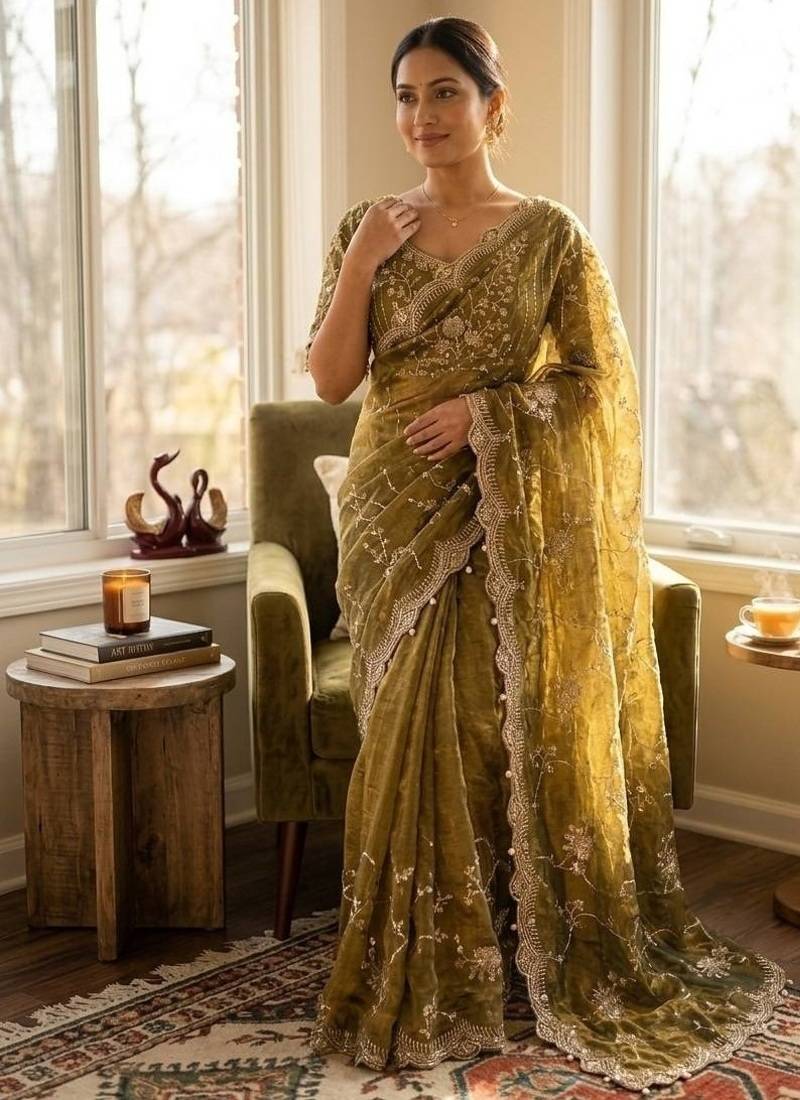 mehandi green sequin embroidery in mono banglori chiffon saree