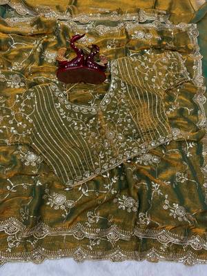 mehandi green sequin embroidery in mono banglori chiffon saree 2