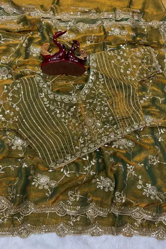 mehandi green sequin embroidery in mono banglori chiffon saree
