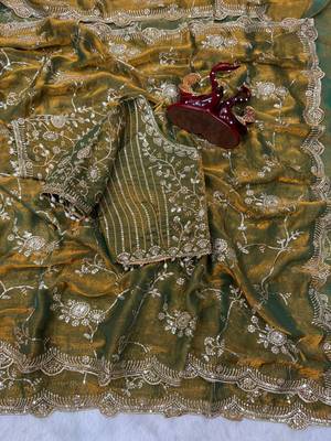 mehandi green sequin embroidery in mono banglori chiffon saree 3
