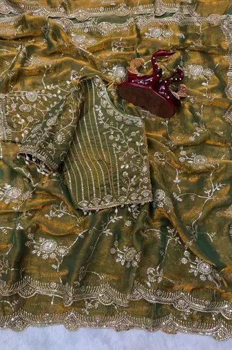 mehandi green sequin embroidery in mono banglori chiffon saree