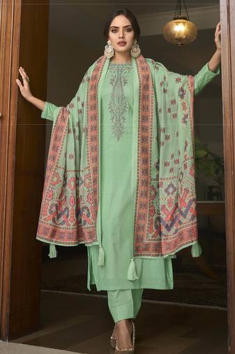 Sea green color cambric cotton fabric beautiful ceremonial salwar kameez for graceful looks