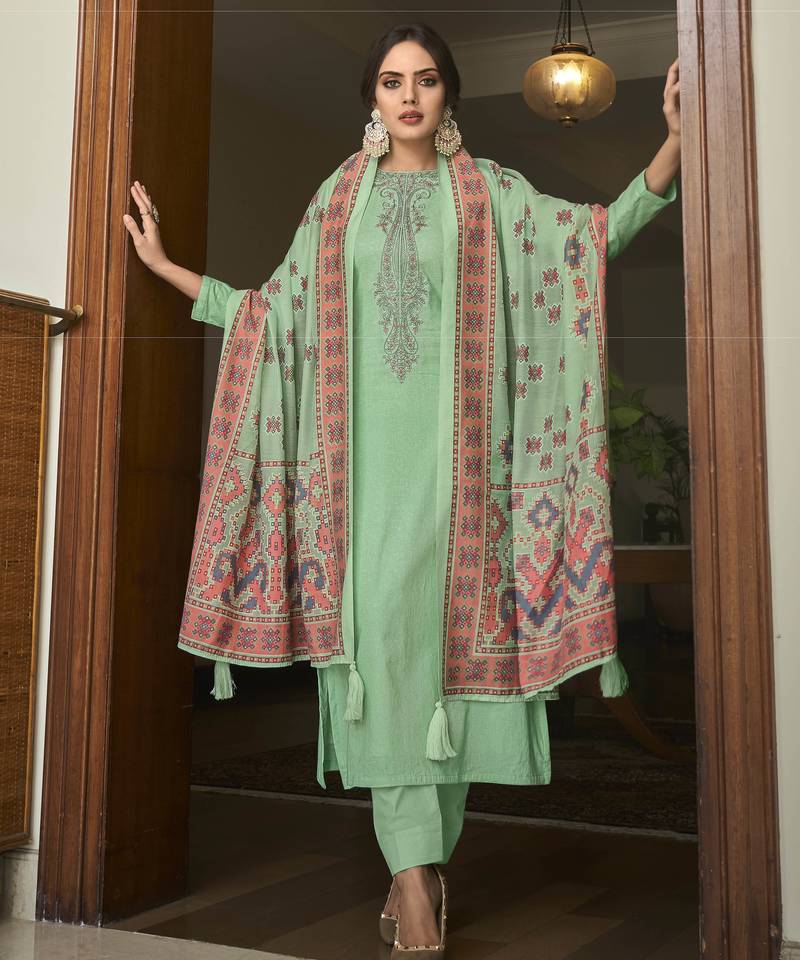 Sea green color cambric cotton fabric beautiful ceremonial salwar kameez for graceful looks