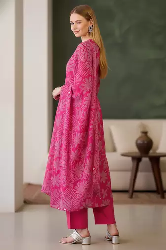 Women's pink rayon printed straight kurta set with dupatta