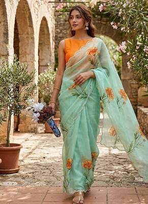 Sea Green Color digital prints flower and hand cutdana work Silk Blend Saree 1