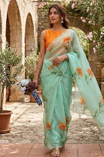 Sea Green Color digital prints flower and hand cutdana work Silk Blend Saree