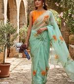 Sea Green Color digital prints flower and hand cutdana work Silk Blend Saree