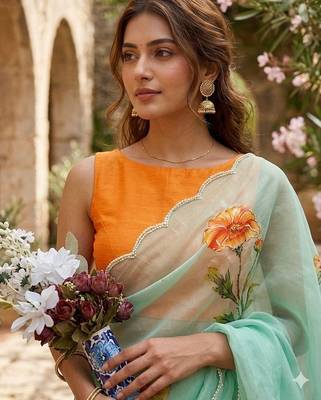 Sea Green Color digital prints flower and hand cutdana work Silk Blend Saree 2