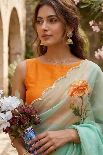 Sea Green Color digital prints flower and hand cutdana work Silk Blend Saree