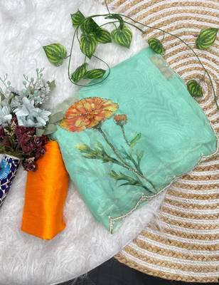 Sea Green Color digital prints flower and hand cutdana work Silk Blend Saree 4