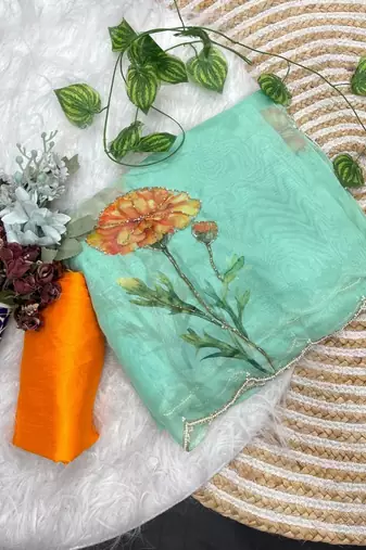 Sea Green Color digital prints flower and hand cutdana work Silk Blend Saree