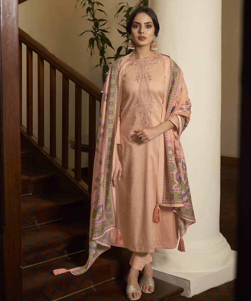 Peach color cambric cotton fabric beautiful ceremonial salwar kameez for graceful looks