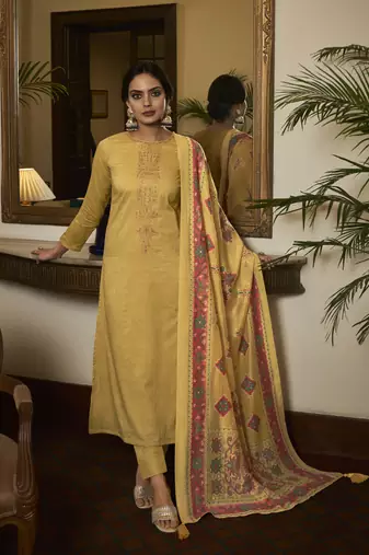 Yellow color cambric cotton fabric beautiful ceremonial salwar kameez for graceful looks