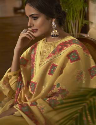 Yellow color cambric cotton fabric beautiful ceremonial salwar kameez for graceful looks 2