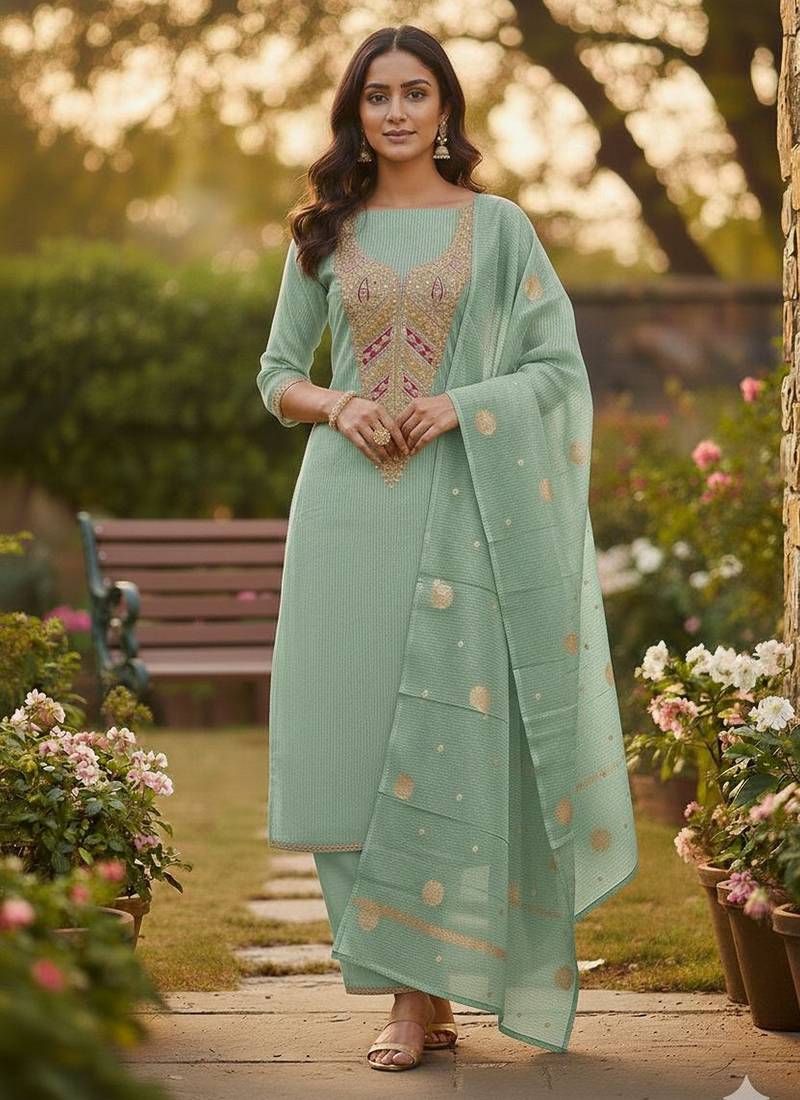 Green color beautiful kasha simmer jacquard trending and stylish partywear suit for girls