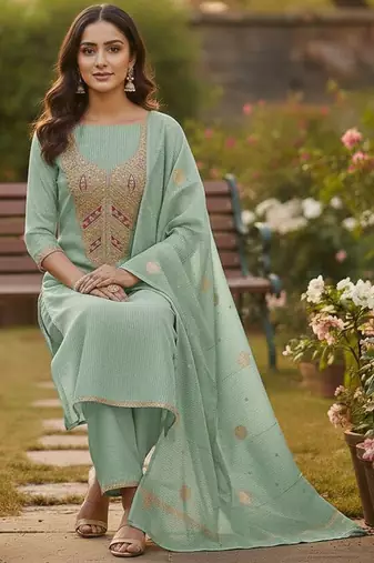 Green color beautiful kasha simmer jacquard trending and stylish partywear suit for girls
