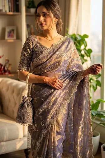 grey sequin embroidery in mono banglori chiffon saree