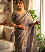 grey sequin embroidery in mono banglori chiffon saree