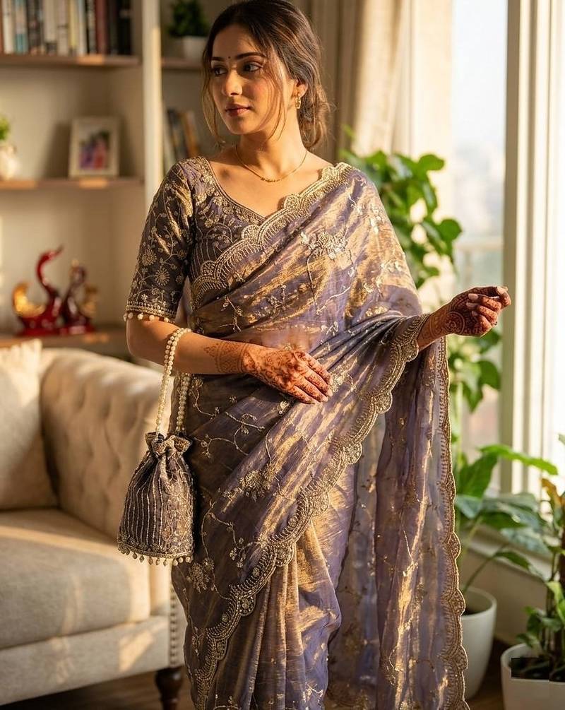 grey sequin embroidery in mono banglori chiffon saree