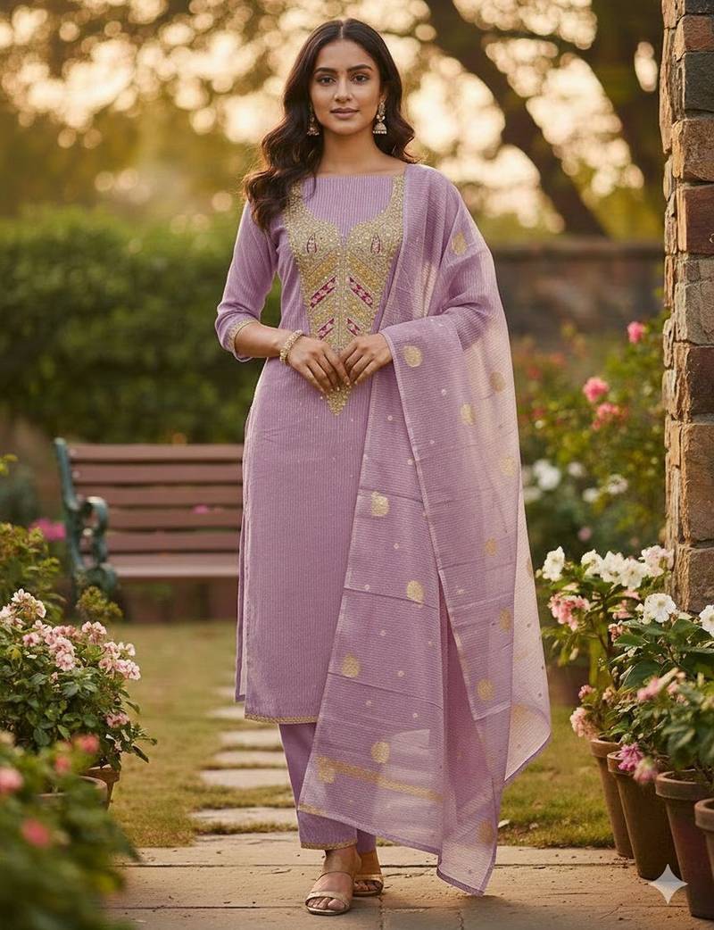 Lavender color beautiful kasha simmer jacquard trending and stylish partywear suit for girls
