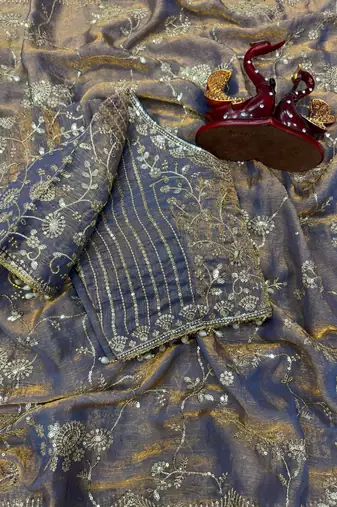 grey sequin embroidery in mono banglori chiffon saree