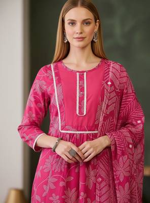 Women's pink rayon printed straight kurta set with dupatta 5
