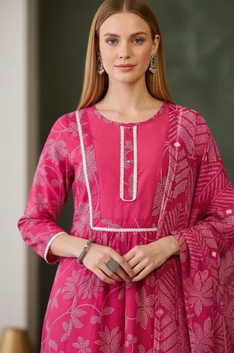 Women's pink rayon printed straight kurta set with dupatta