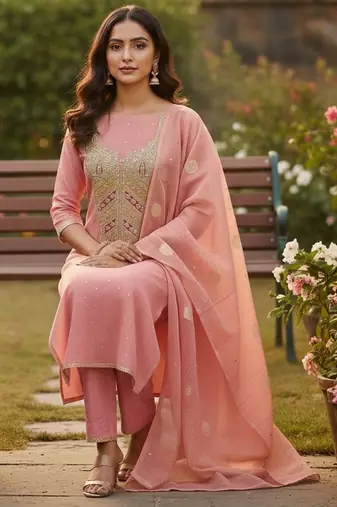 Pink color beautiful kasha simmer jacquard trending and stylish partywear suit for girls