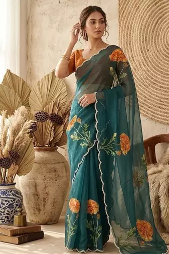 Teal Color digital prints flower and hand cutdana work Silk Blend Saree