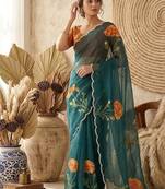 Teal Color digital prints flower and hand cutdana work Silk Blend Saree