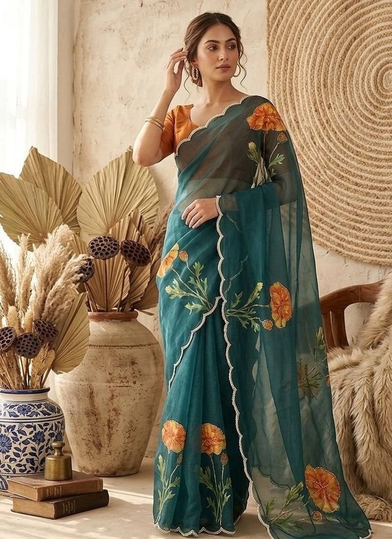 Teal Color digital prints flower and hand cutdana work Silk Blend Saree
